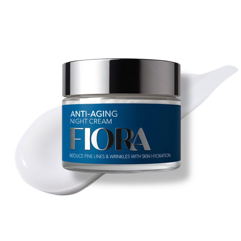 blue night cream jar on soft white cream anti-aging